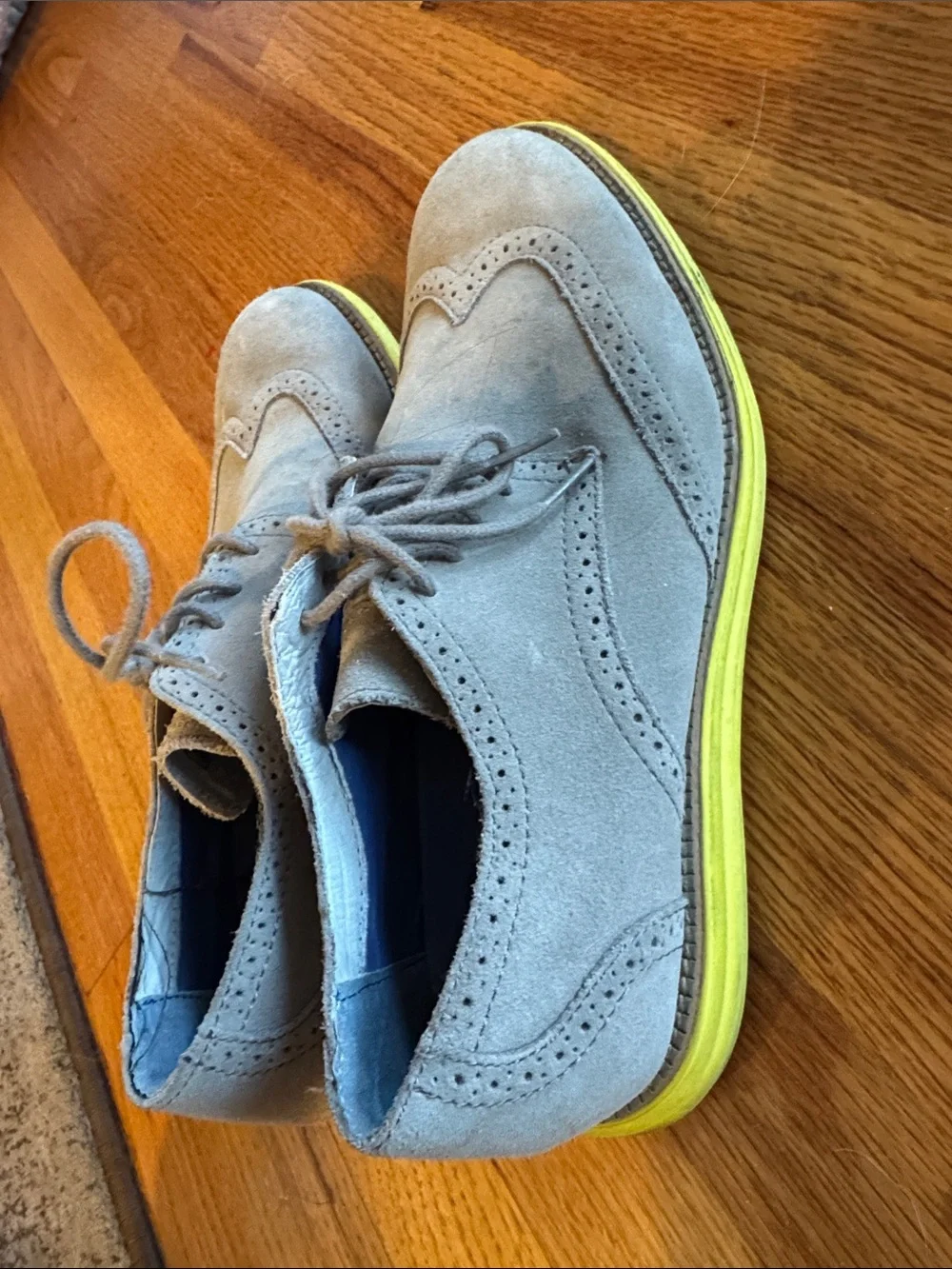Mark Nason Gray Suede Wingtip Derby with Yellow Accent Sole